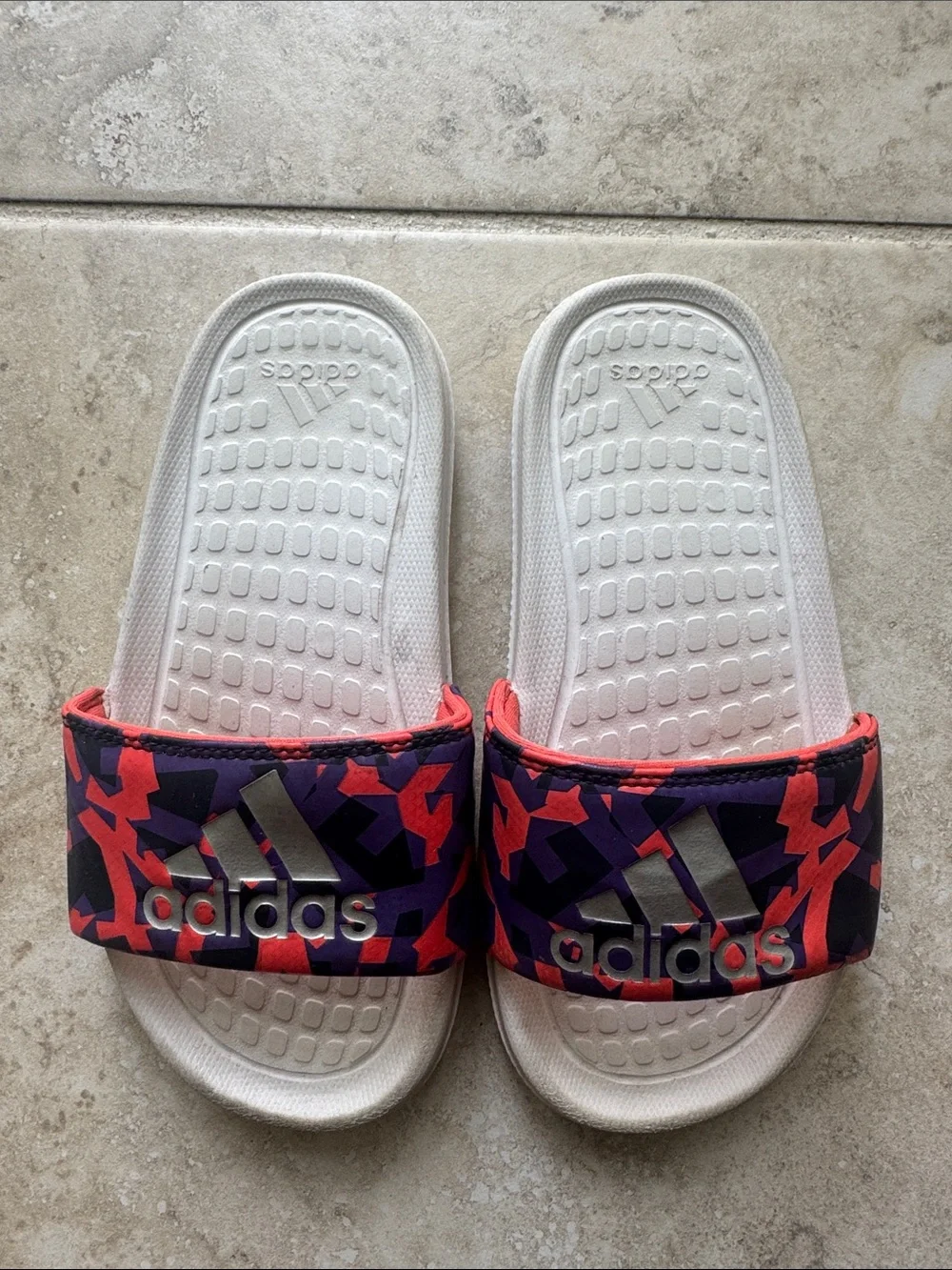 adidas Kids White Slides with Pink and Purple Geometric Strap